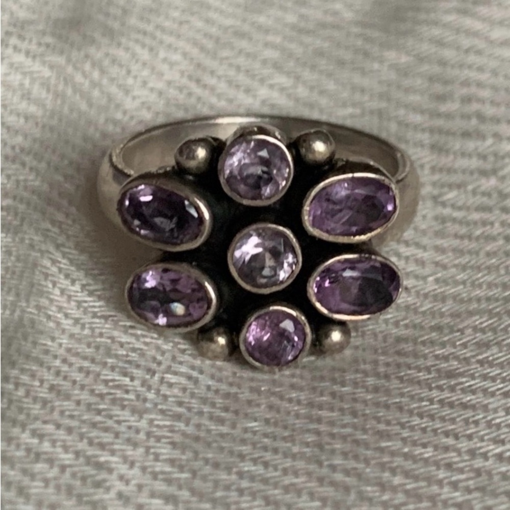 Sterling Silver Amethyst Gem Cluster Ring - Purple